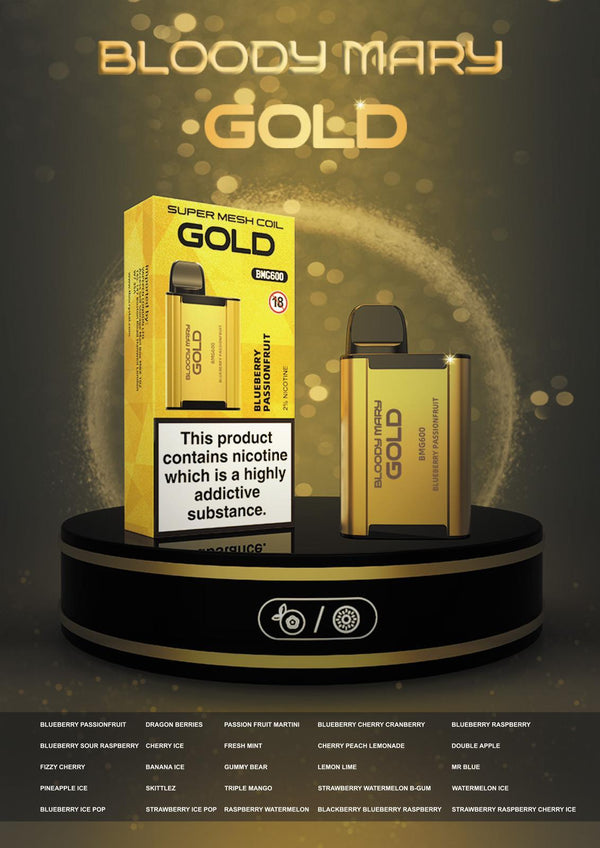 Bloody Mary Gold BMG600 Disposable Vape Pod Box of 10-Blueberry Passionfruit-vapeukwholesale